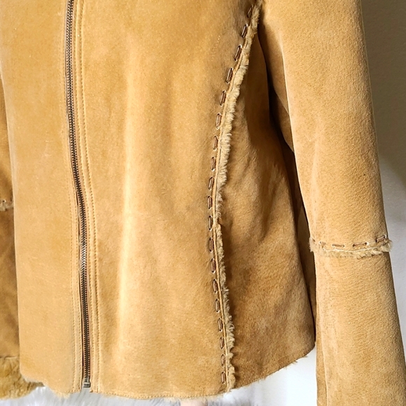 Shearling Leather Jacket Zip Front Size Large Suede Tan Brown Classic Western - Picture 3 of 7